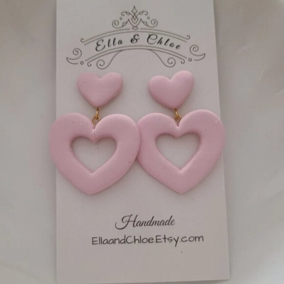 Pink Matte Chunky Double Heart Dangle Earrings Gold Clay Handmade Retro Barbie - Picture 2 of 5